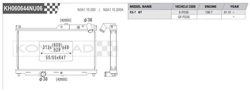 Koyorad Performance Radiator: Mazda RX-7 1.3L Turbo N-FLO Dual Pass 1993-1995