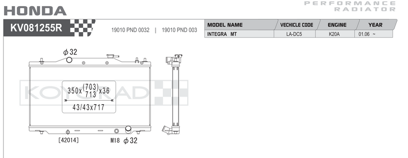Koyorad KV081255R Performance Radiator - Honda Integra DC5 K20A MT dimensions diagram