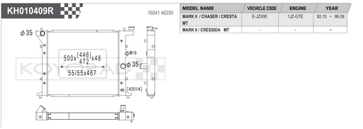 Koyorad KH010409R spec sheet — Toyota Mark II Chaser Cresta JZX90 1JZ-GTE MT fitment and dimensions